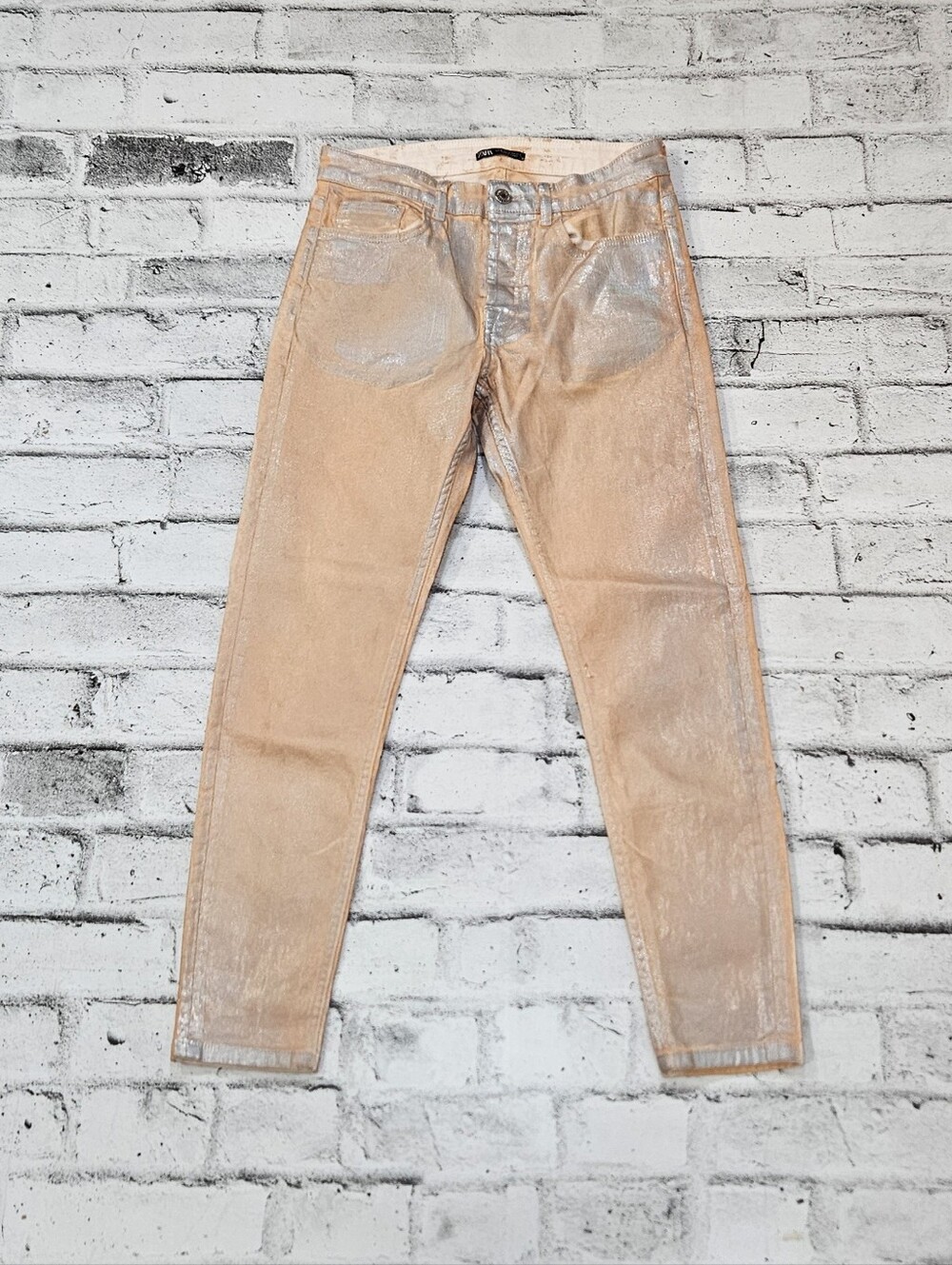 Zara Metallic Rose Gold Silver Skinny Jeans Womens Size 31 Coated Denim